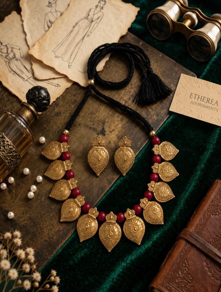 Gold and Red Bhoomi Neela Terracotta Jewellery Set