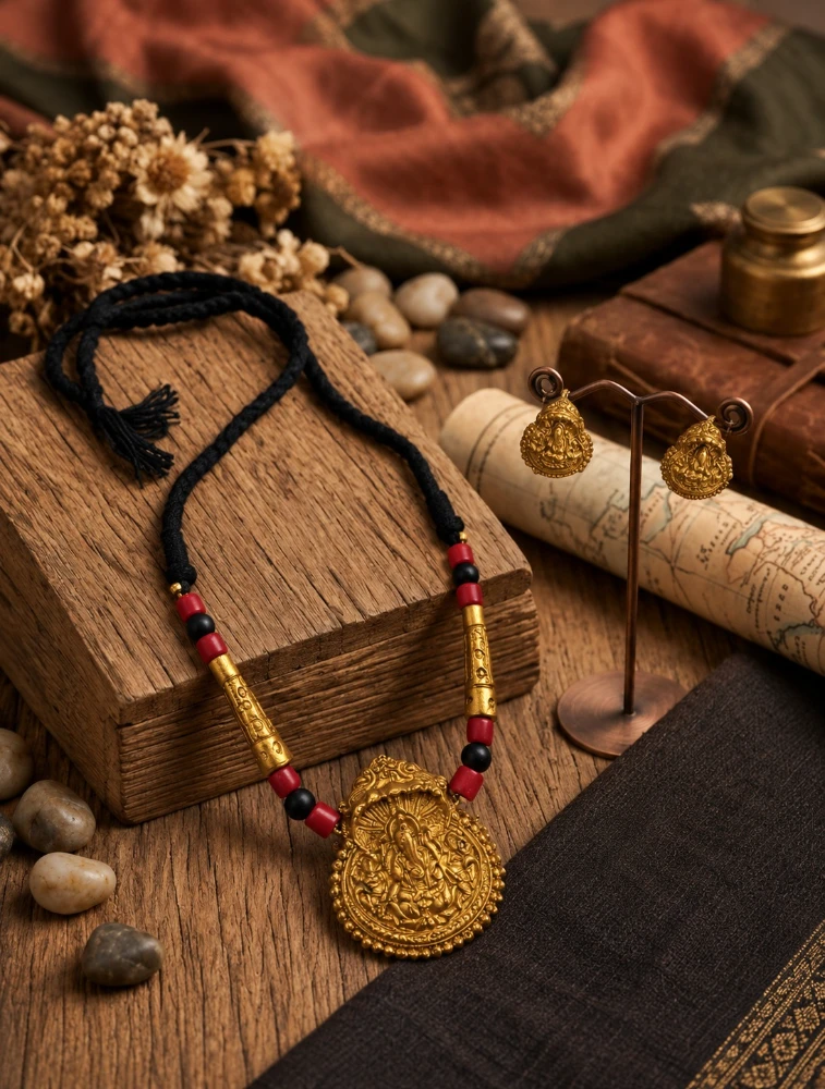 Gold and Red Handmade Lord Ganesha Pendant Terracotta Jewellery Set