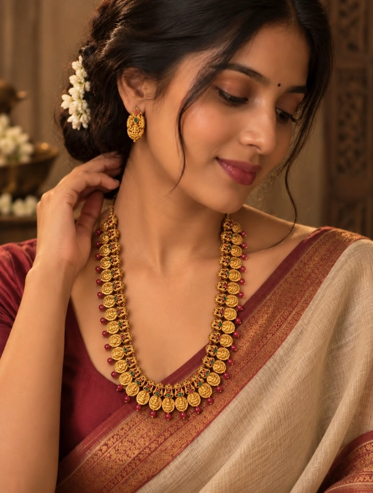 Gold and Red Long Haram In Lakshmi Design Terracotta Jewellery Set