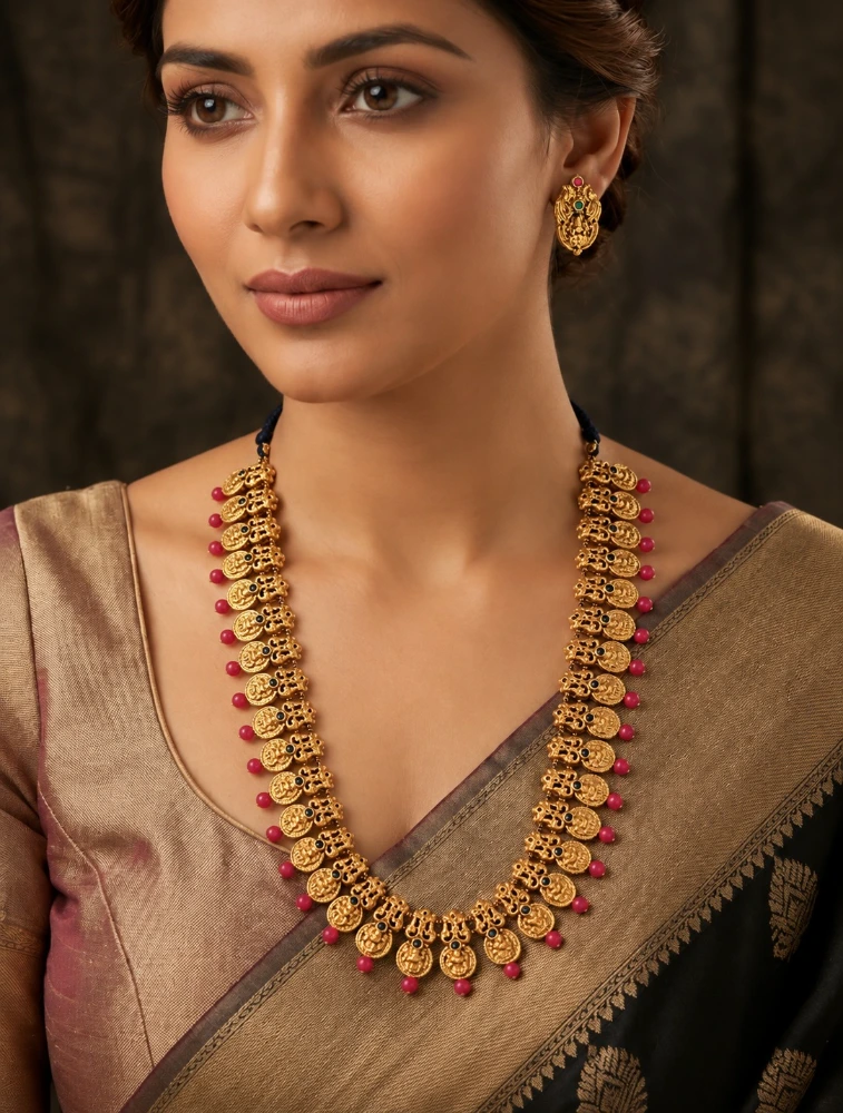 Gold and Red Long Haram In Lakshmi Design Terracotta Jewellery Set 