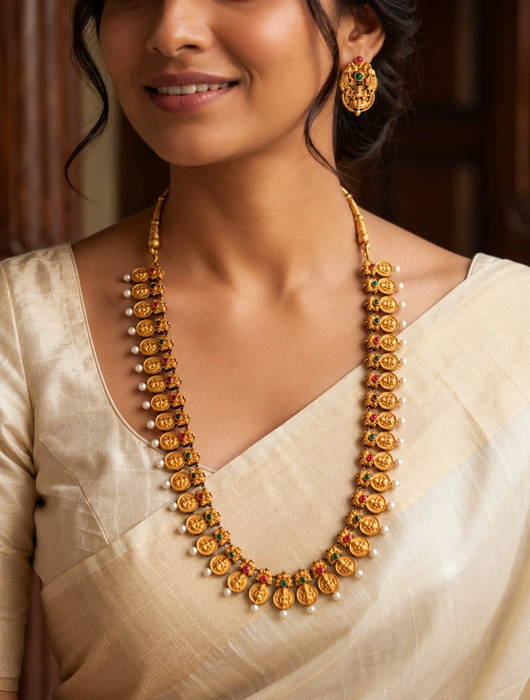 Gold and White Long Haram In Lakshmi Design Terracotta Jewellery Set  