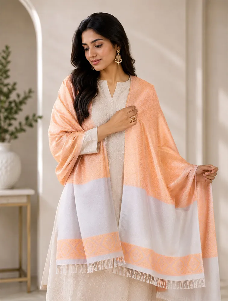 Gold and White Premium Printed Jacquard Winter Shawls — bulk from ₹298