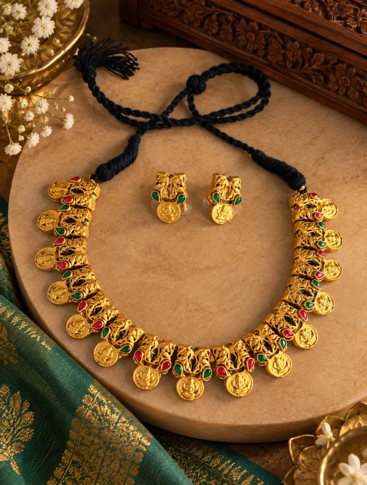 Gold with Red and Green Mridvika Royal Terracotta Jewellery Set