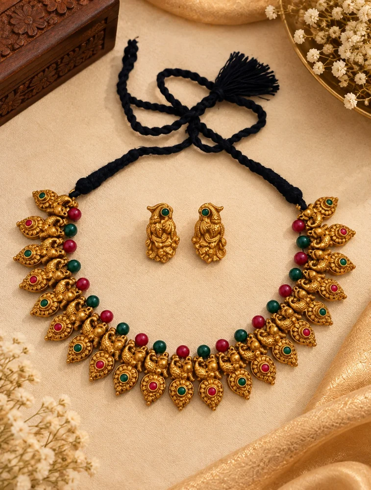 Gold with Red and Green Peacock Heritage Multicolour Terracotta Jewellery Set