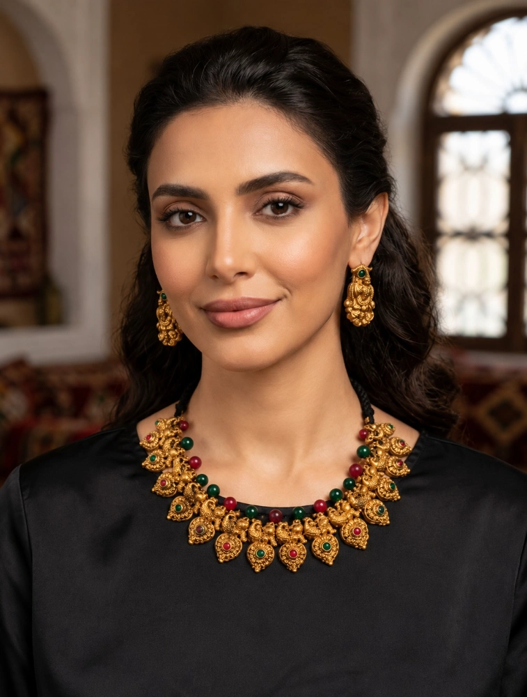 Gold with Red and Green Peacock Heritage Multicolour Terracotta Jewellery Set