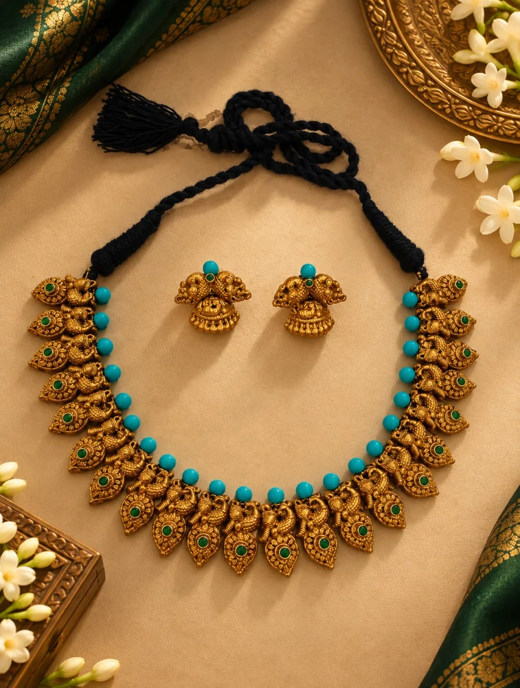 Gold with Sky Blue Peacock Heritage Multicolour Terracotta Jewellery Set