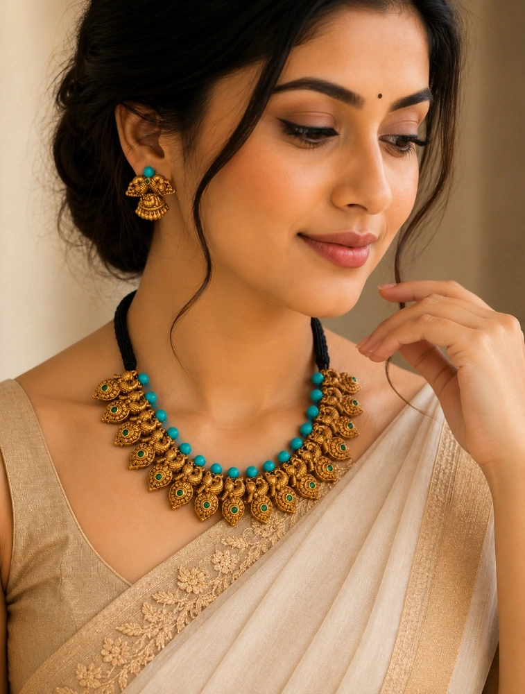 Gold with Sky Blue Peacock Heritage Multicolour Terracotta Jewellery Set