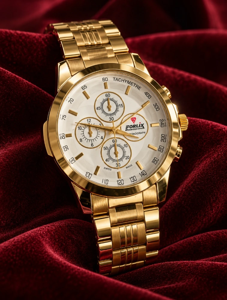 Gold with White Classic Chronograph Watch