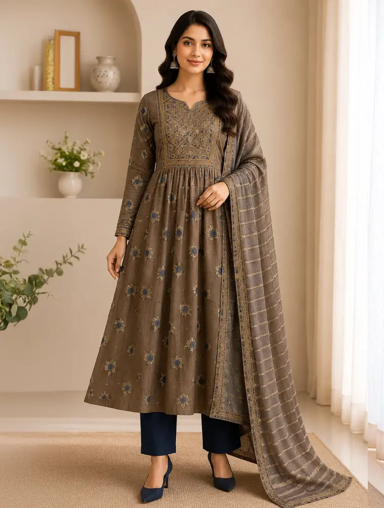 Golden Brown Womens Floral Printed Rayon Fabric Umbrella Cut Kurtha Set With Dupatta