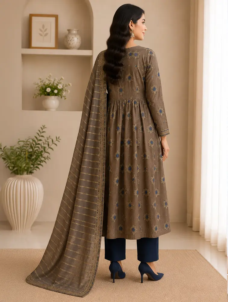 Golden Brown Womens Floral Printed Rayon Fabric Umbrella Cut Kurtha Set With Dupatta — bulk from ₹1333