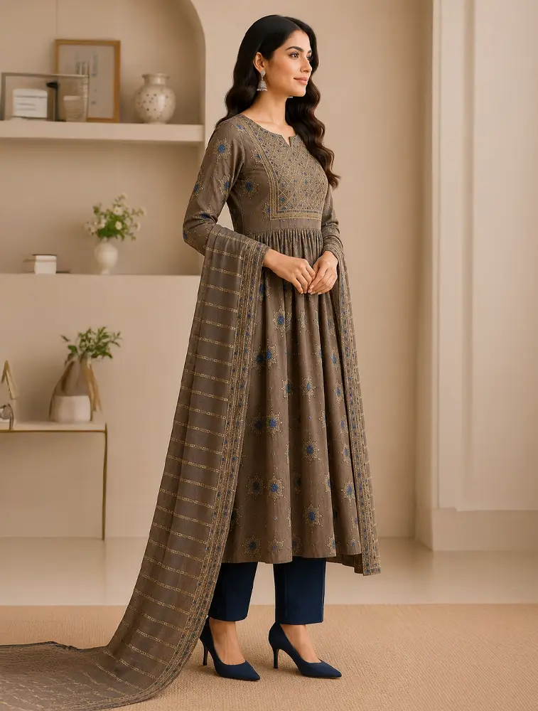 Golden Brown Womens Floral Printed Rayon Fabric Umbrella Cut Kurtha Set With Dupatta