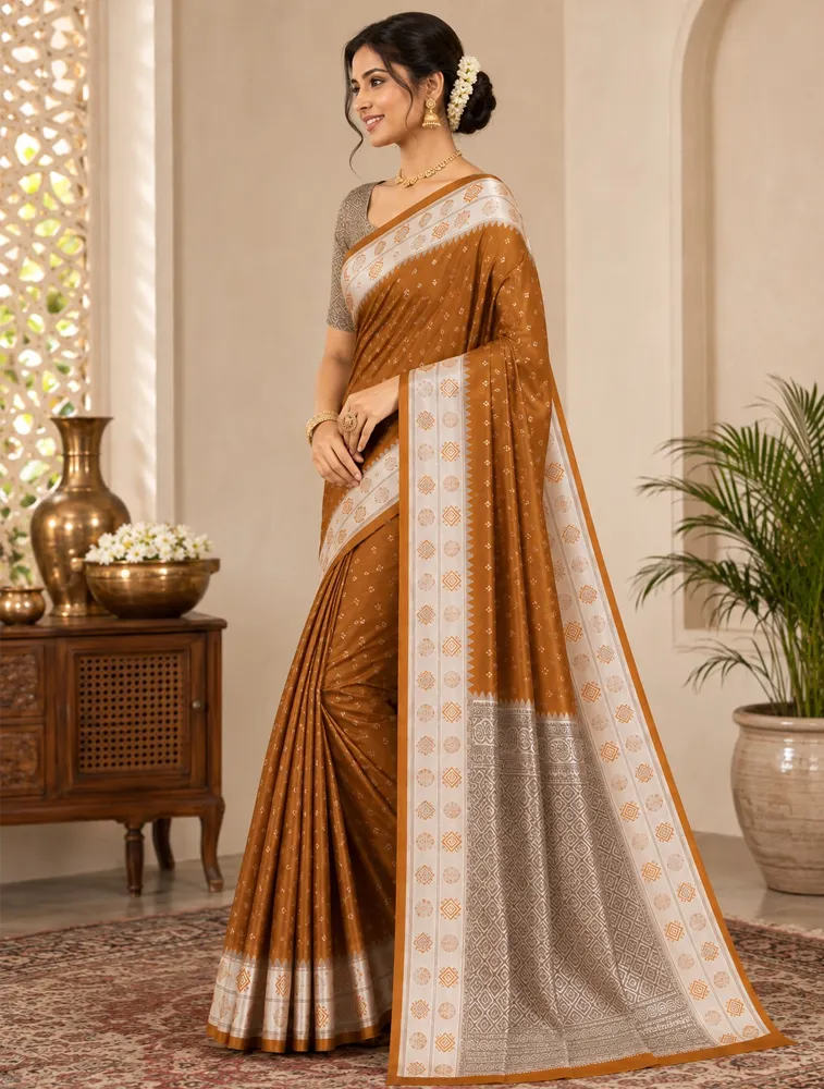 Golden Olive Yellow Womens Premium Semi Gadwal Saree with Turning Border