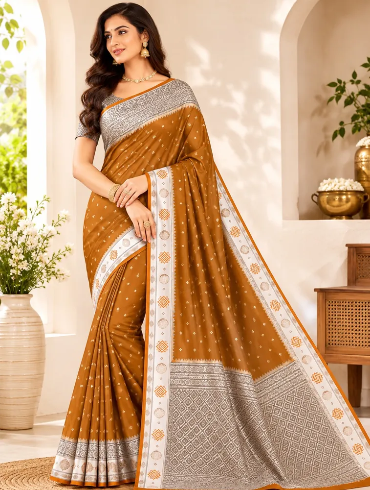  Golden Olive Yellow Womens Premium Semi Gadwal Saree with Turning Border 