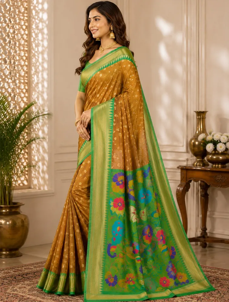 Golden Olive Yellow Womens Premium Semi Paitani sarees With Munia Border