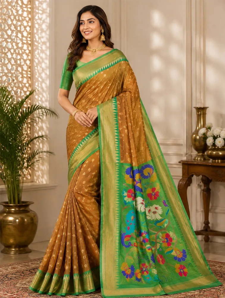 Golden Olive Yellow Womens Premium Semi Paitani sarees With Munia Border
