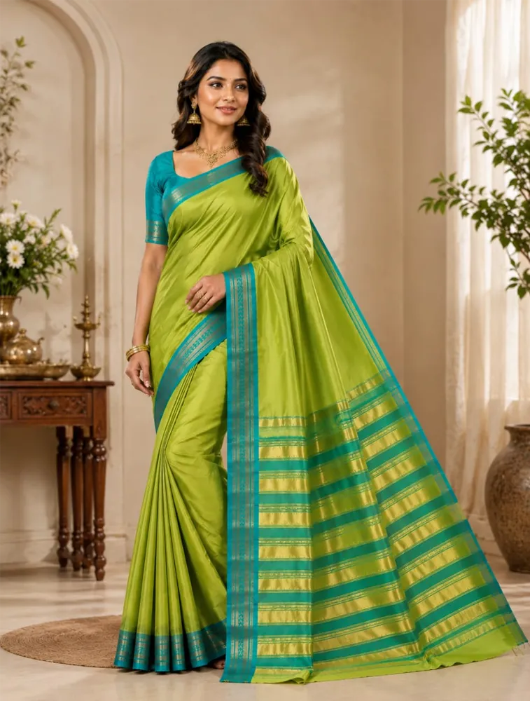 Golden Olive Yellow Womens Printed Luxury Soft Jari Silk Sarees