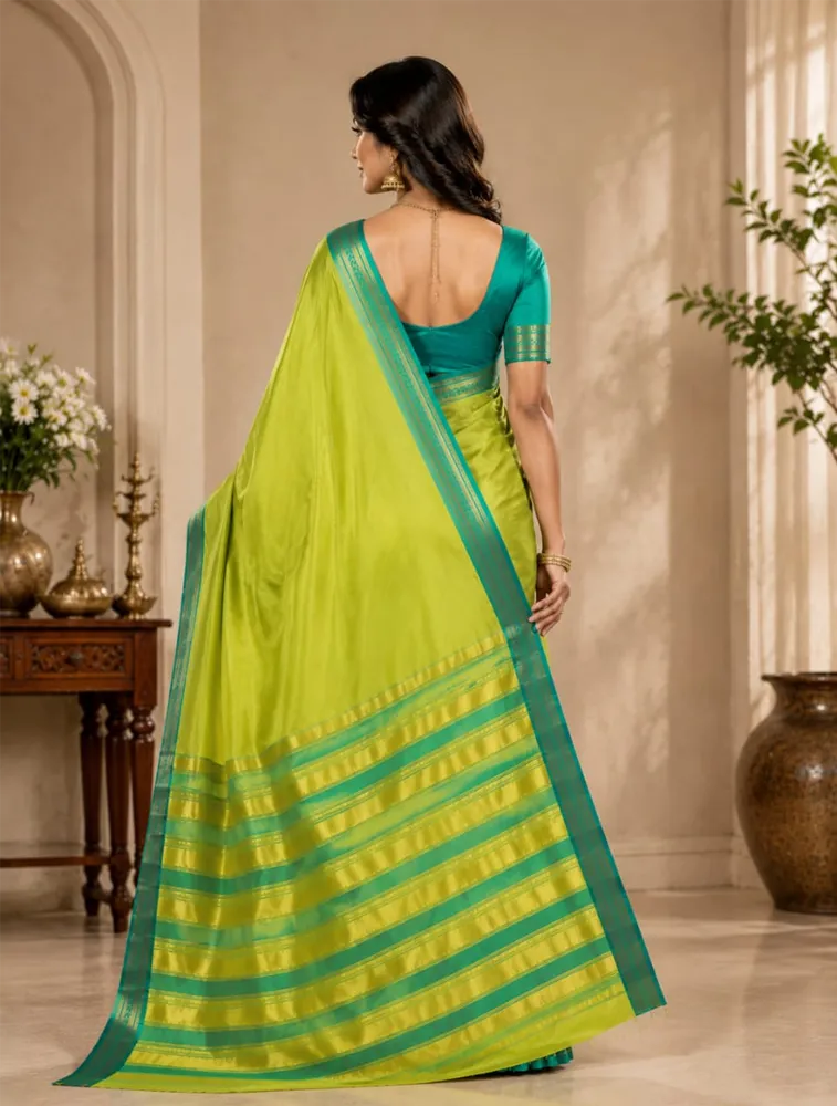 Golden Olive Yellow Womens Printed Luxury Soft Jari Silk Sarees — bulk from ₹1693