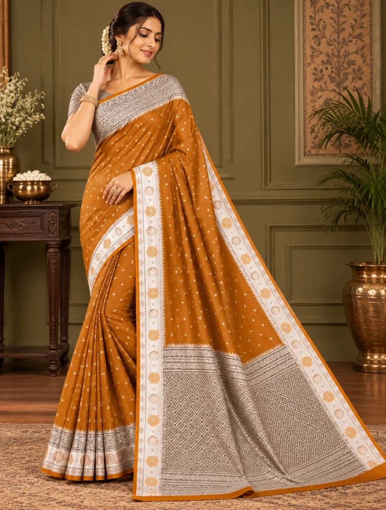 Golden Olive Yellow Womens Royal Semi Paithani Saree with Elegant Zari Detailing