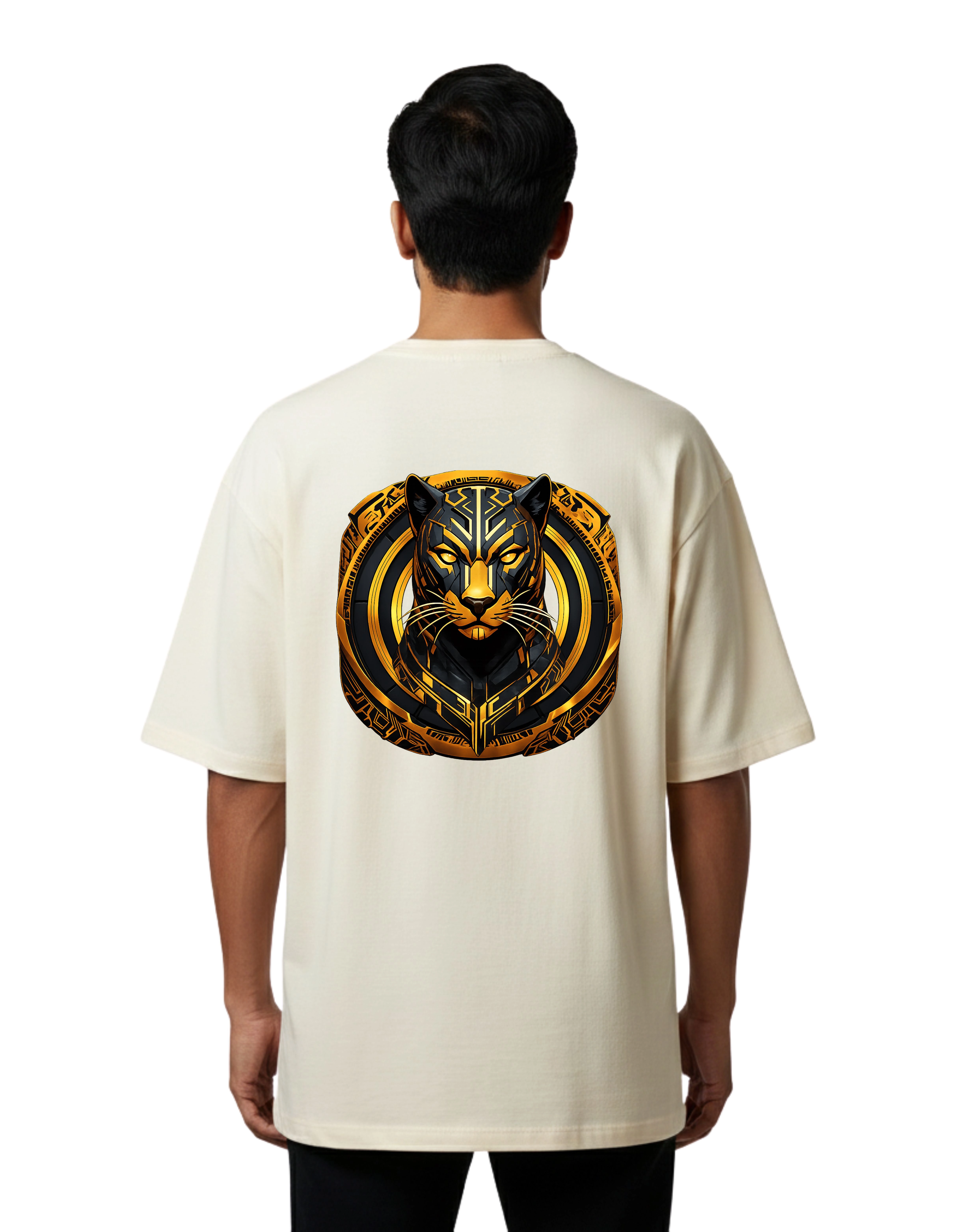 Golden Panther Emblem Oversized Cotton French Terry T-Shirt 240 GSM Beige