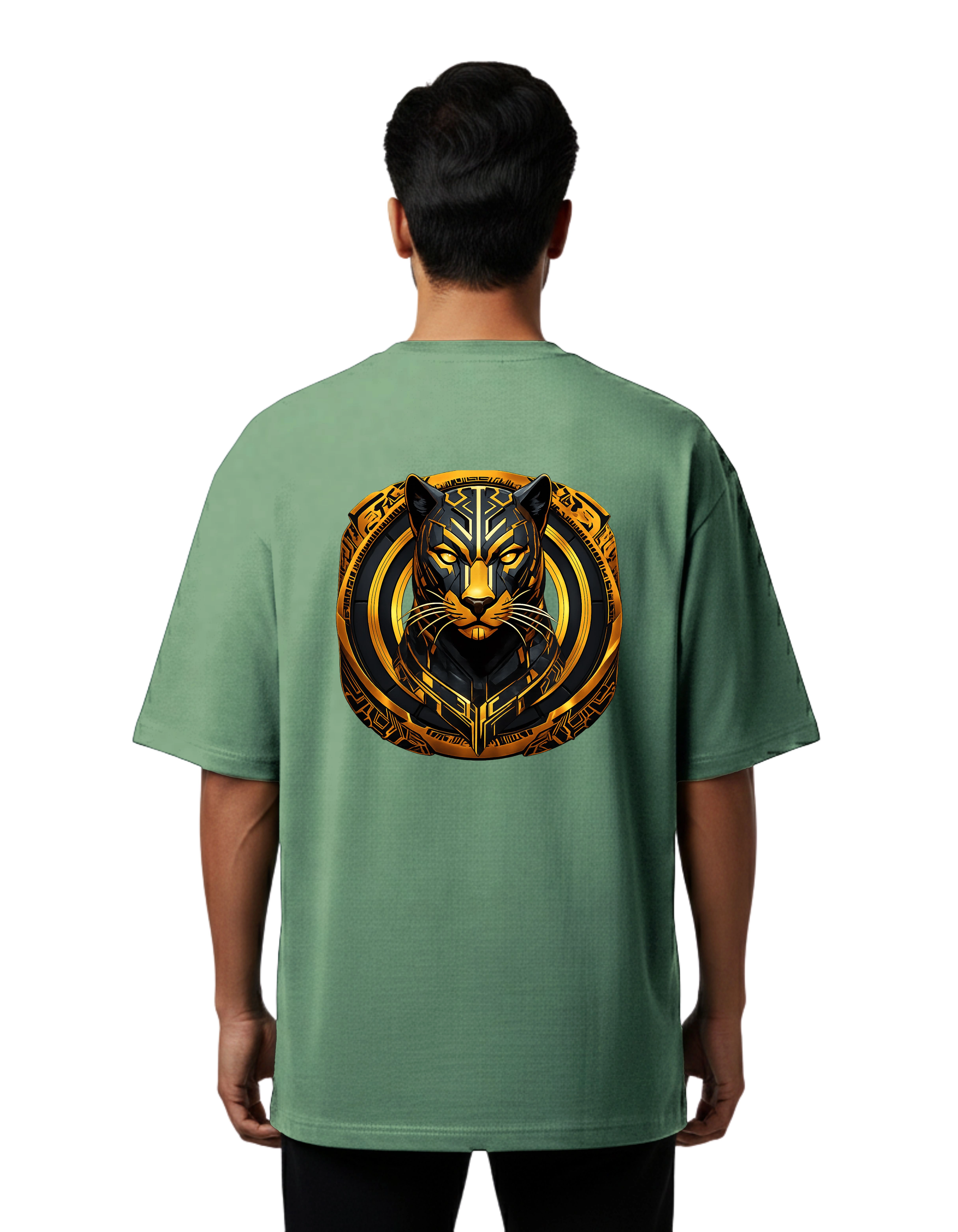 Golden Panther Emblem Oversized Cotton French Terry T-Shirt 240 GSM D Green