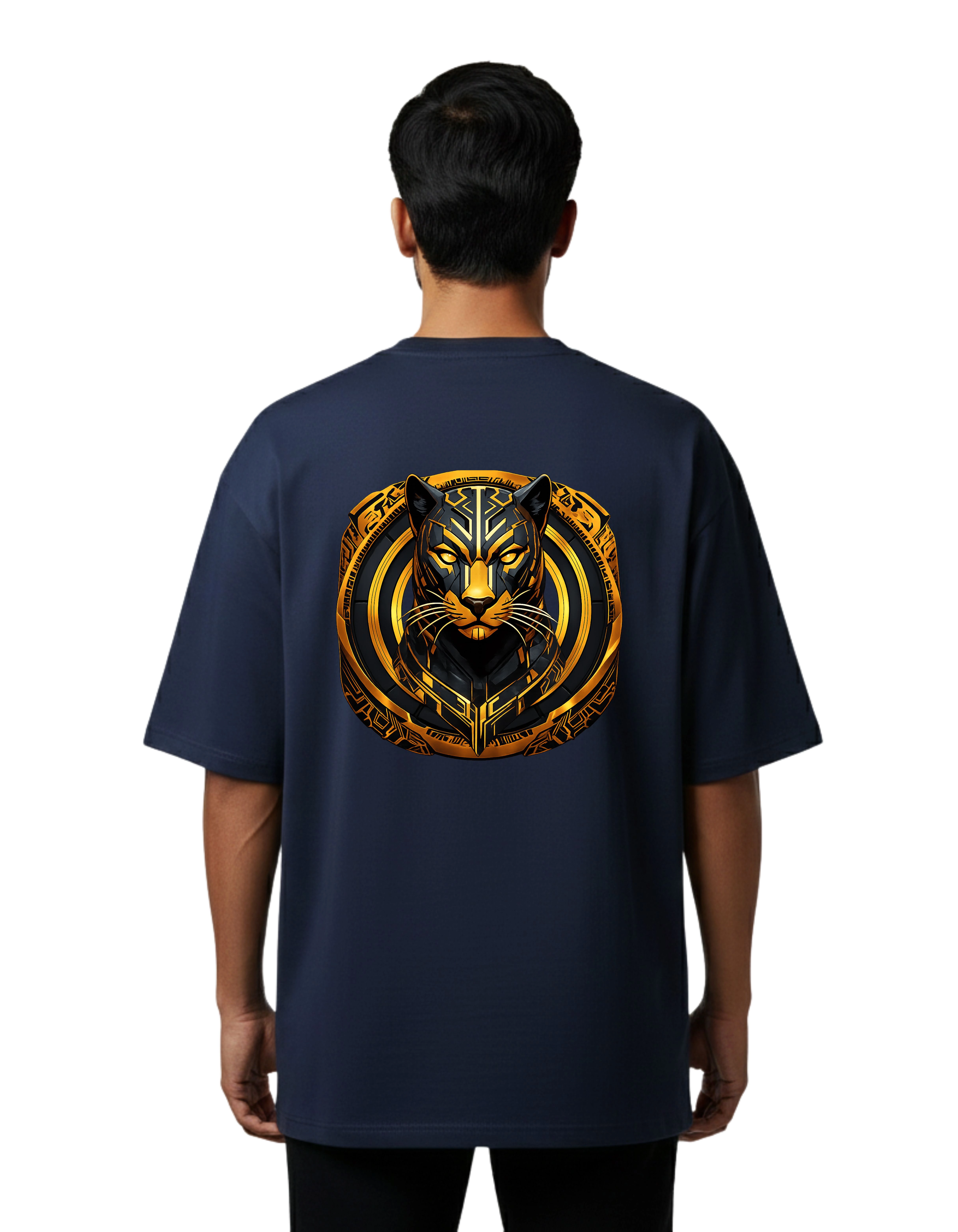 Golden Panther Emblem Oversized Cotton French Terry T-Shirt 240 GSM Navy Blue