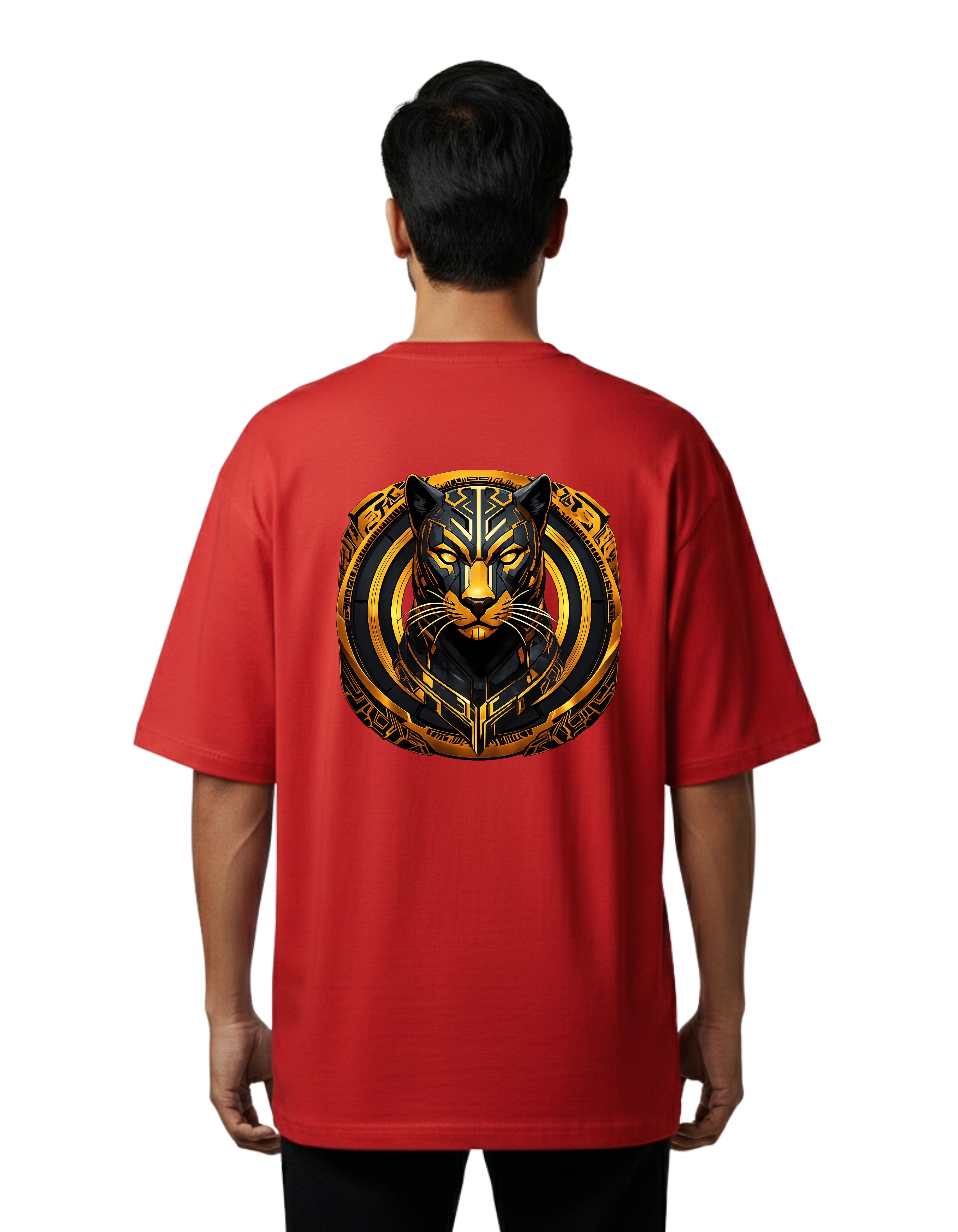 Golden Panther Emblem Oversized Cotton French Terry T-Shirt 240 GSM Red