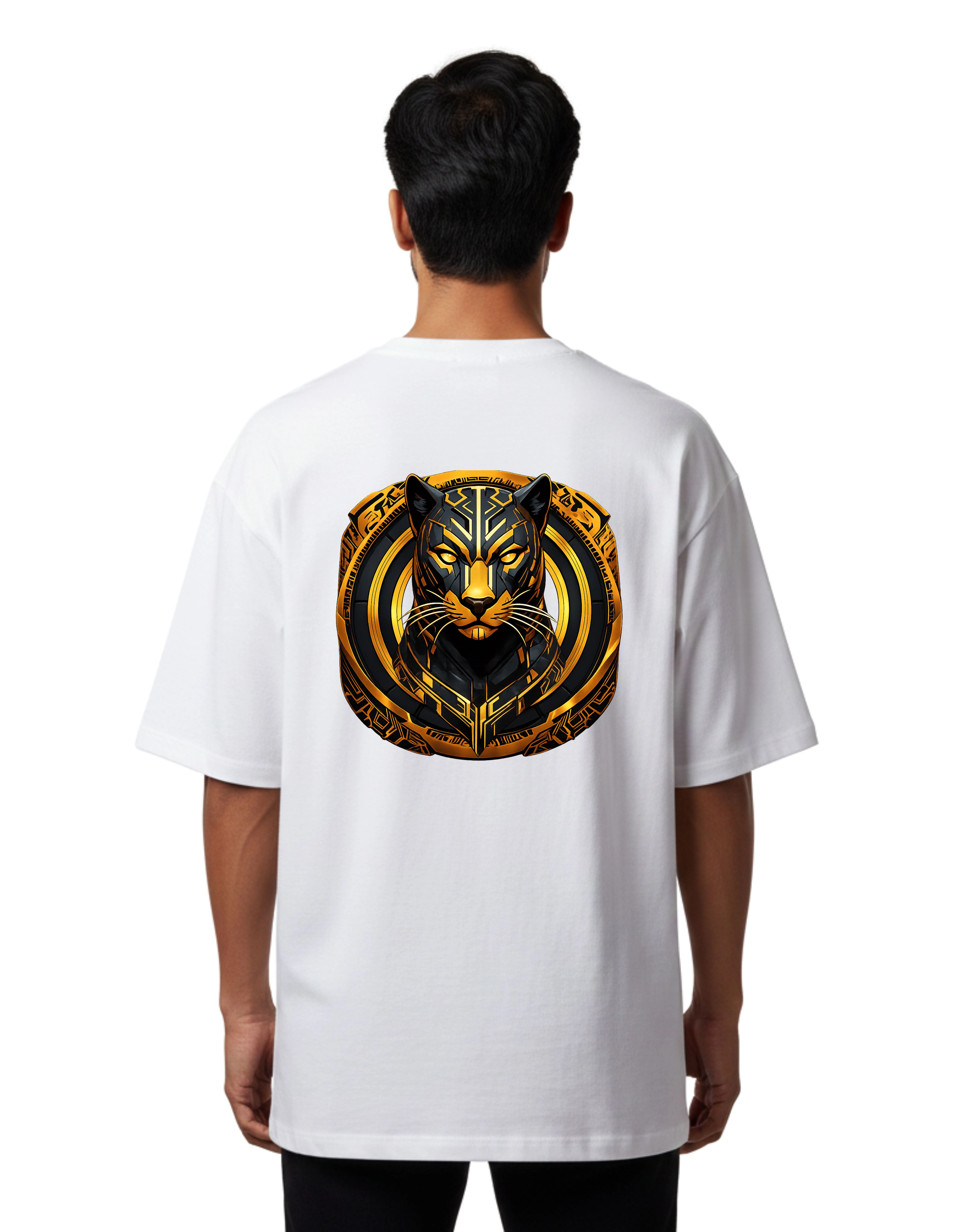Golden Panther Emblem Oversized Cotton French Terry T-Shirt 240 GSM White