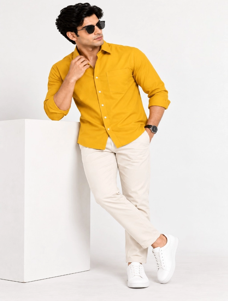 Golden Yellow Mens Slim Fit Solid Casual Shirt