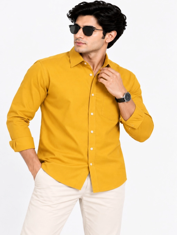 Golden Yellow Mens Slim Fit Solid Casual Shirt