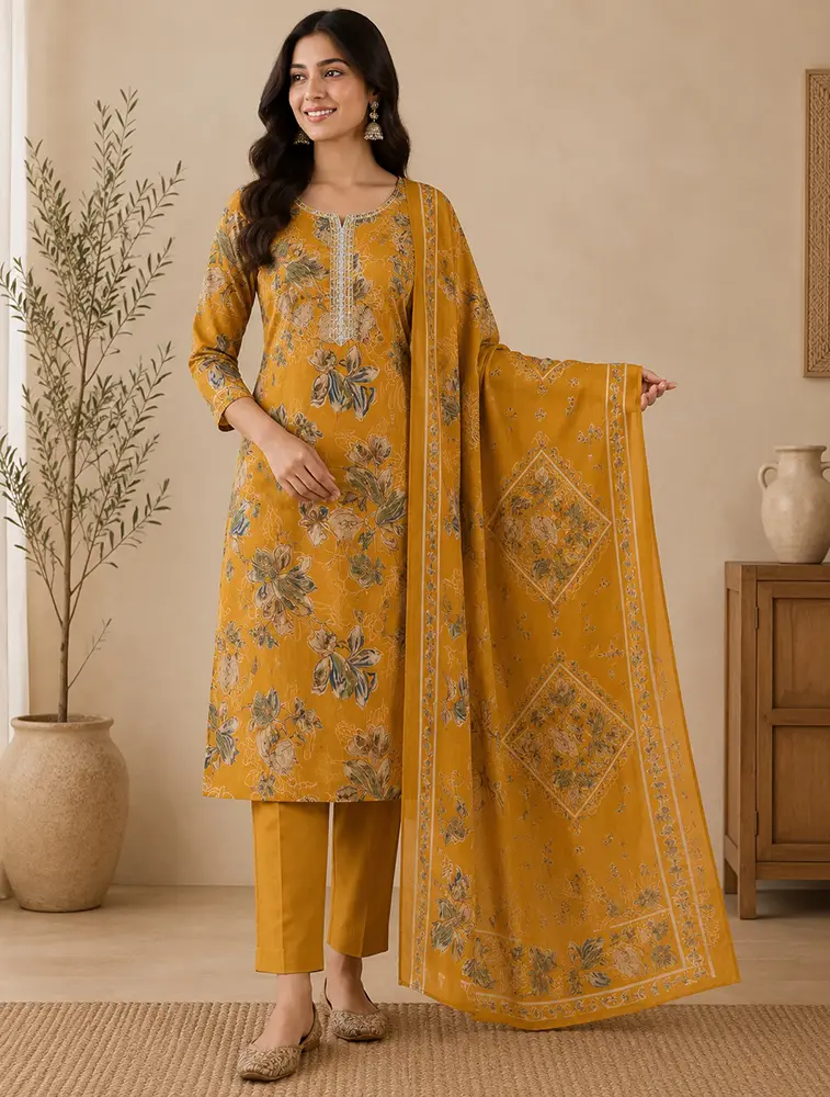 Golden Yellow Womens Floral Printed Vertican Fabric Kurtha Set With Dupatta