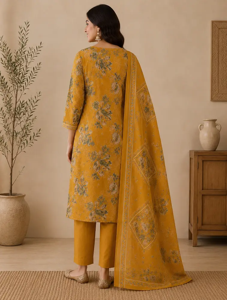 Golden Yellow Womens Floral Printed Vertican Fabric Kurtha Set With Dupatta — bulk from ₹1148