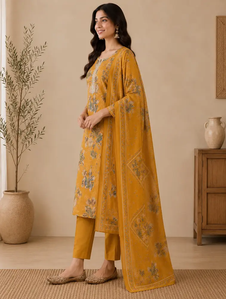 Golden Yellow Womens Floral Printed Vertican Fabric Kurtha Set With Dupatta