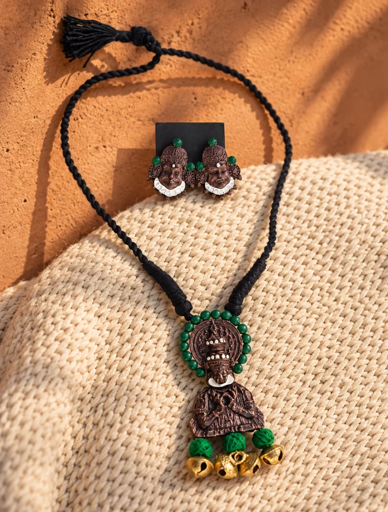 Green Artisan Handmade Divine Motif Terracotta Jewellery Set
