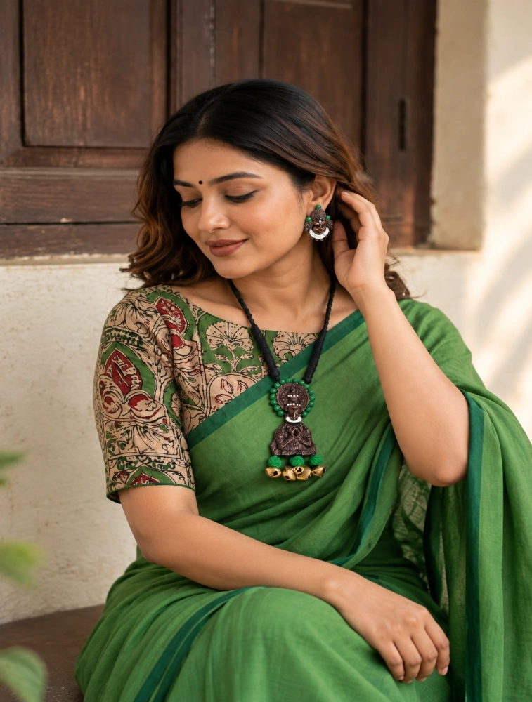 Green Artisan Handmade Divine Motif Terracotta Jewellery Set