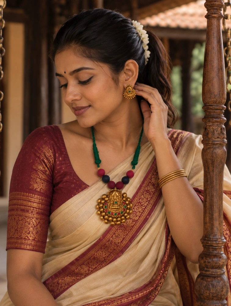 Green Antique Gold Finish Lakshmi Pendant Terracotta Jewellery Set