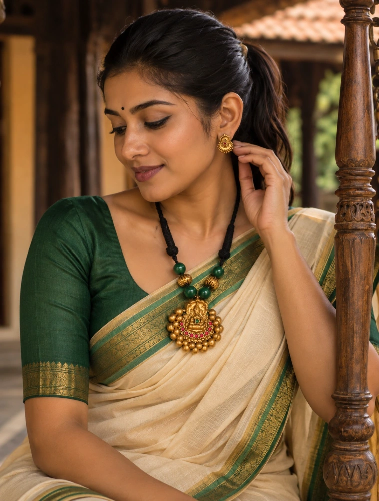 Green Antique Gold Finish Lakshmi Pendant Terracotta Jewellery Set
