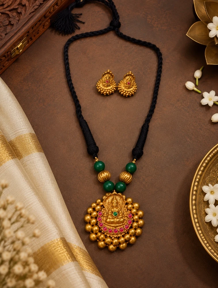 Green Antique Gold Finish Lakshmi Pendant Terracotta Jewellery Set
