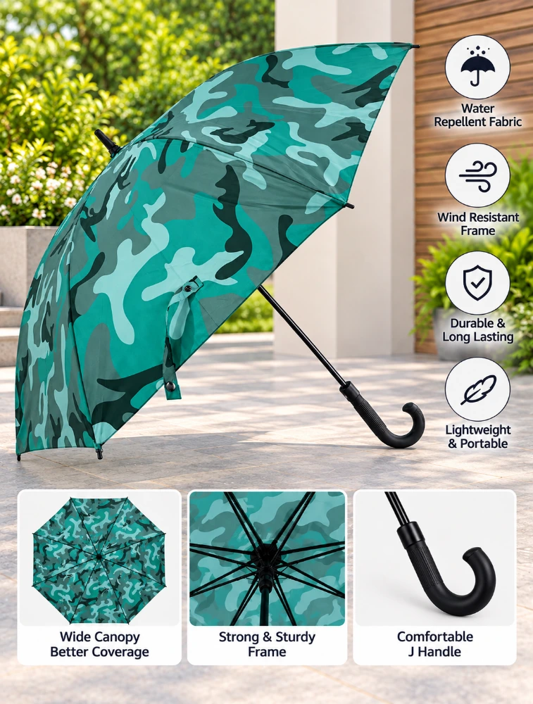 Green Classic Plaid J Handle Windproof Umbrella