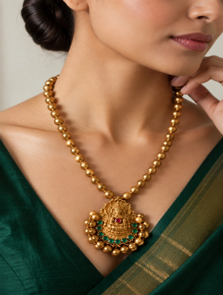 Green Divine Temple Style Pendant and Sanatana Gold Beads Terracotta Jewellery Set