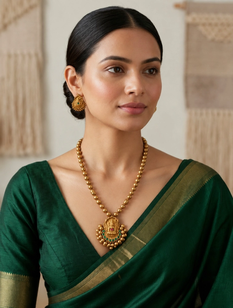 Green Divine Temple Style Pendant and Sanatana Gold Beads Terracotta Jewellery Set