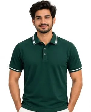 Anshu fashion shop Green Dri Fit Mars 200 GSM Polo T Shirt with White Dual Tipping Collar and Cuff