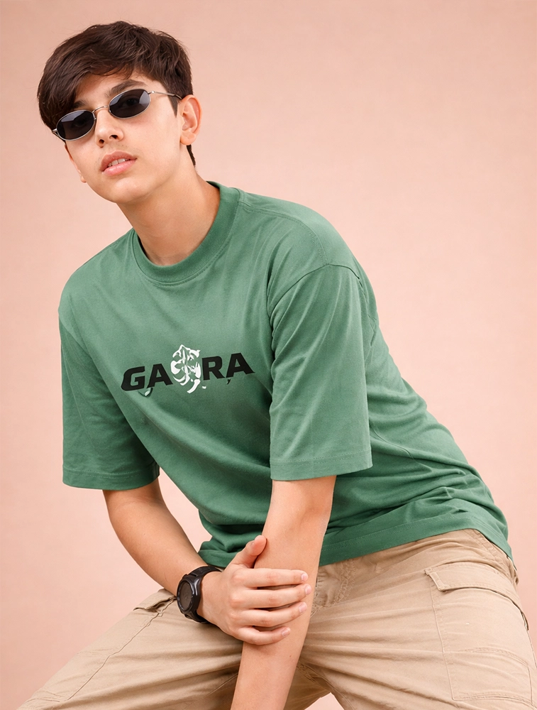 Green Gaara Anime Graphic Boys Oversized Cotton French Terry Half Sleeve Round Neck 220 GSM T shirt