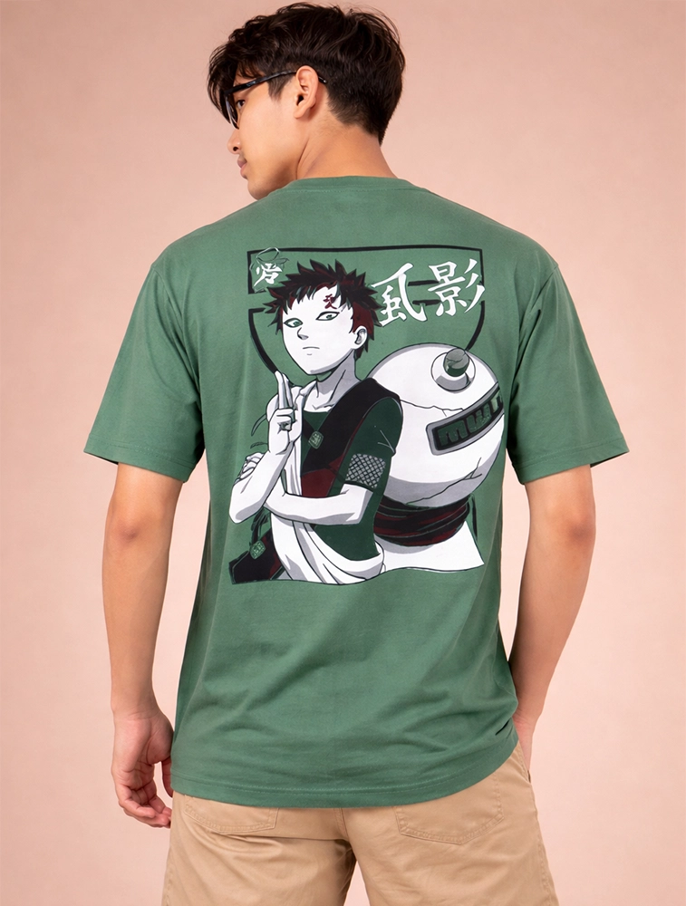 Green Gaara Anime Graphic Boys Oversized Cotton French Terry Half Sleeve Round Neck 220 GSM T shirt