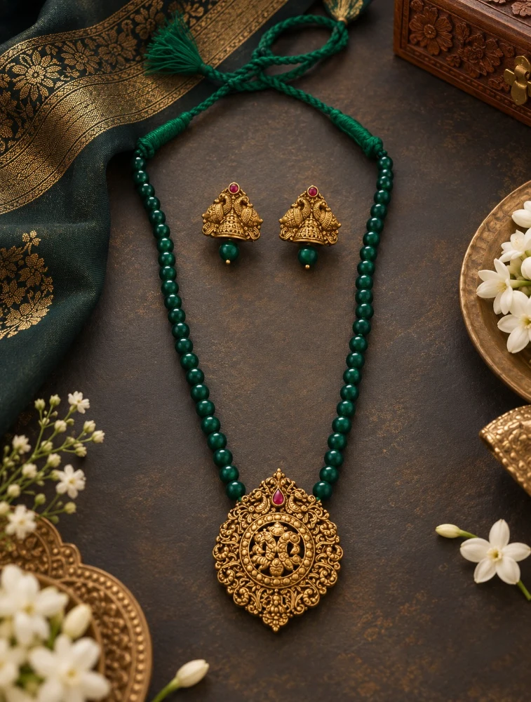 Green Lakshmi Haram  Handmade Terracotta Jewellery Set 