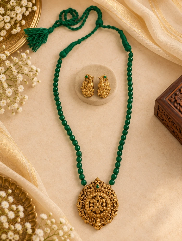 Green Lakshmi Haram  Handmade Terracotta Jewellery Set 