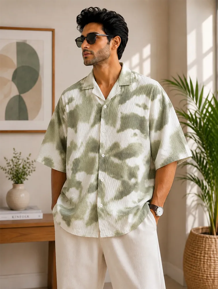 Green Mens Oversized Textured Shirt