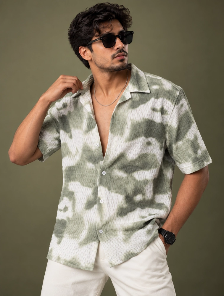Green Mens Oversized Textured Shirt