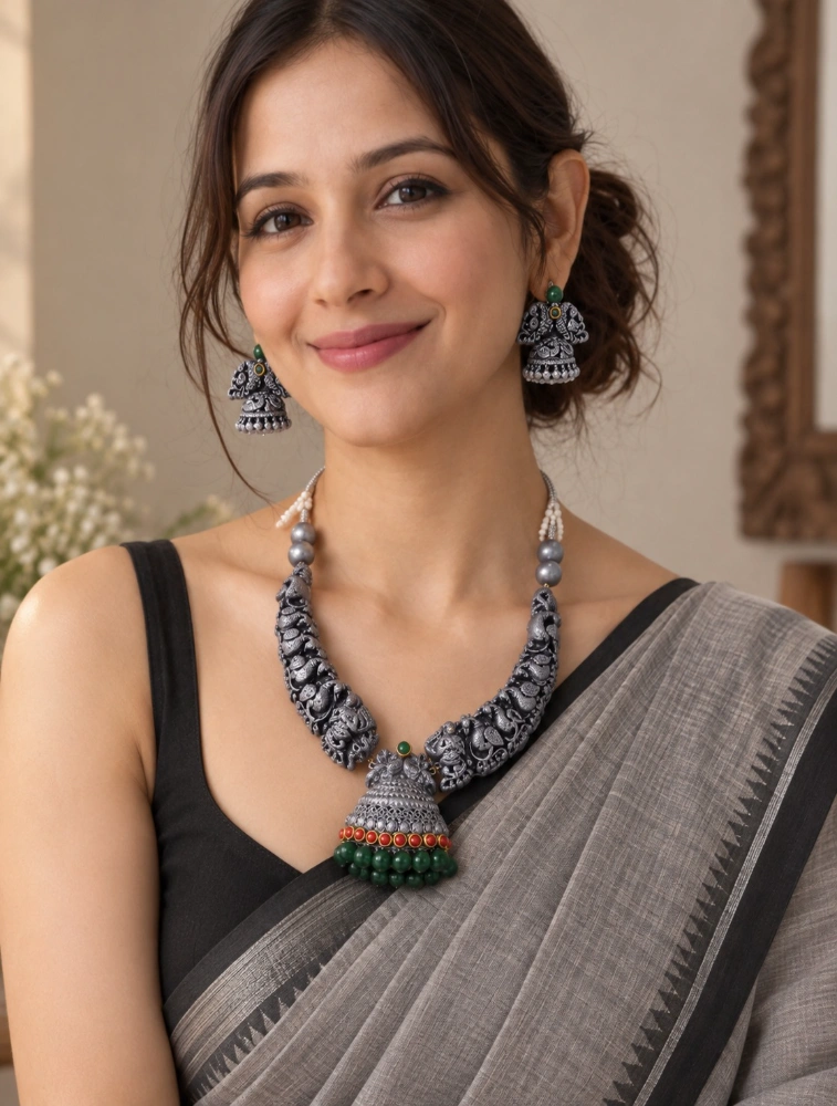 Green Rajhamsa Terracotta Jewellery Set