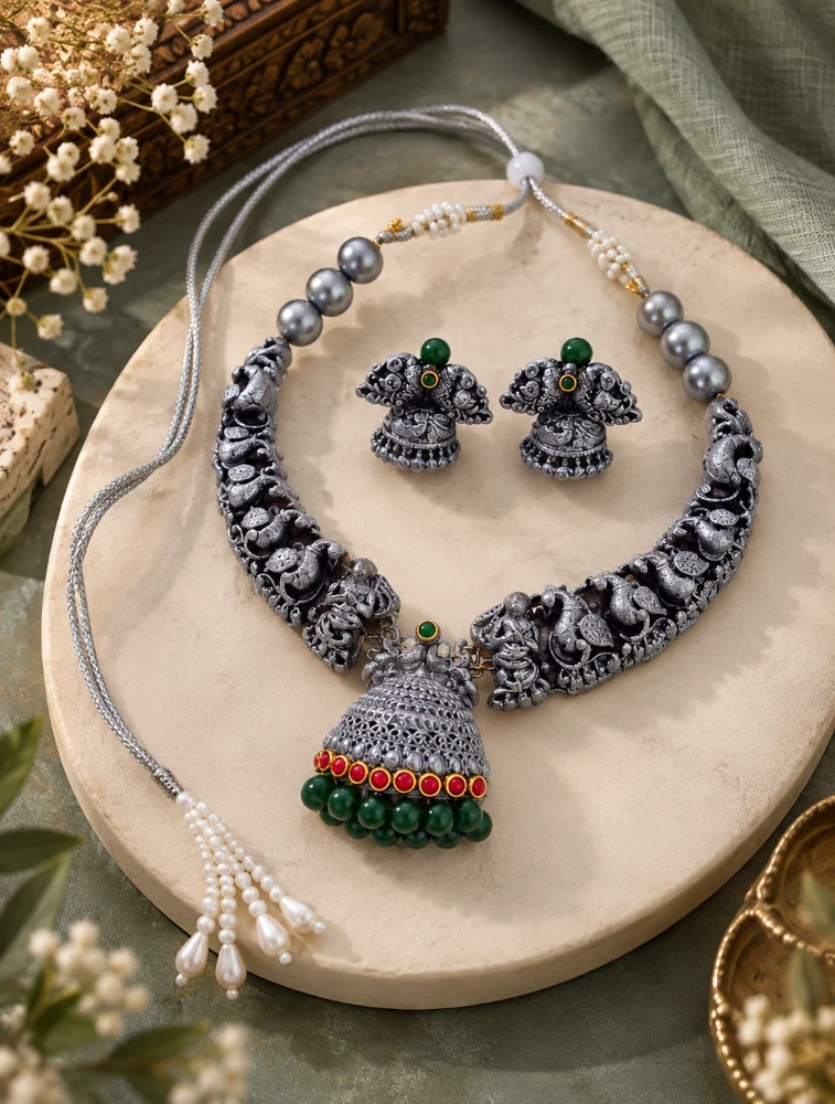 Green Rajhamsa Terracotta Jewellery Set 
