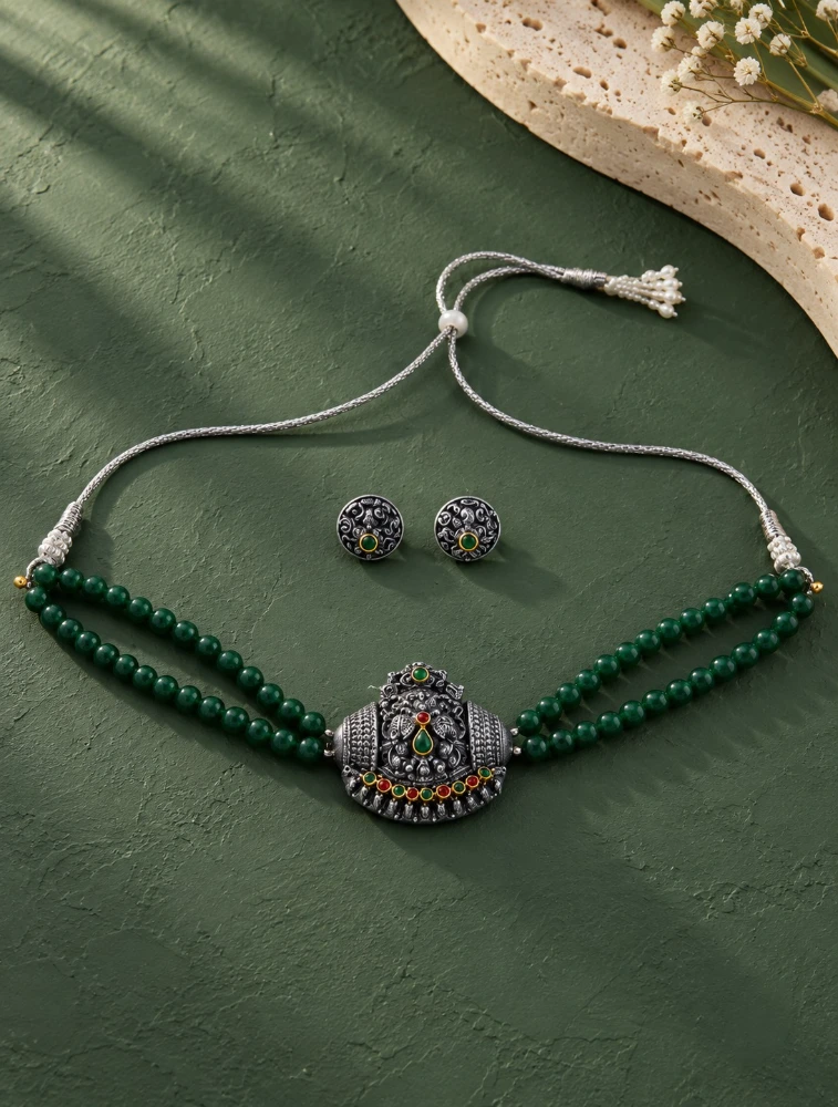 Green Regal Peacock Terracotta Jewellery Set